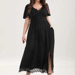 BloomChic Plus Size Solid Pocket Contrast Lace Split Maxi Dress